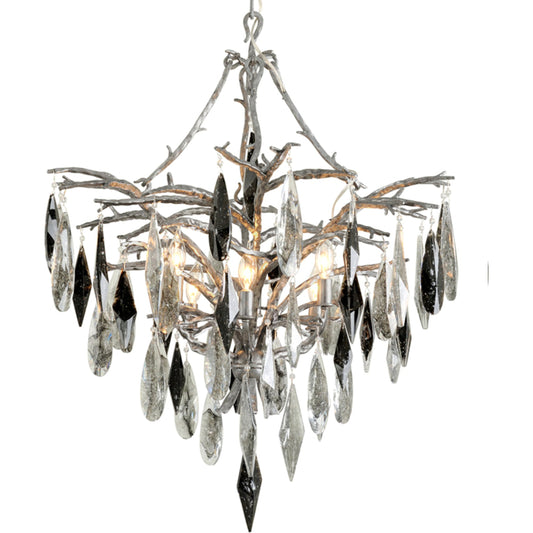 Nera Chandelier by Corbett in blackened silver leaf. Made from hand crafted iron in a unique style.