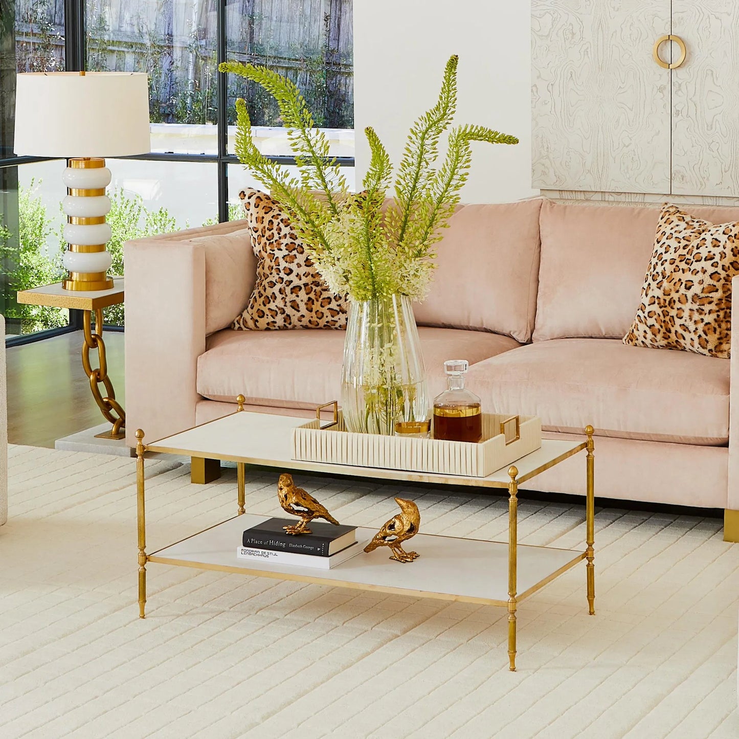 001 SI-2446319 | Lifestyle | Acorn Cocktail Table by Global Views in brass. Made from brass, white marble in a modern style.