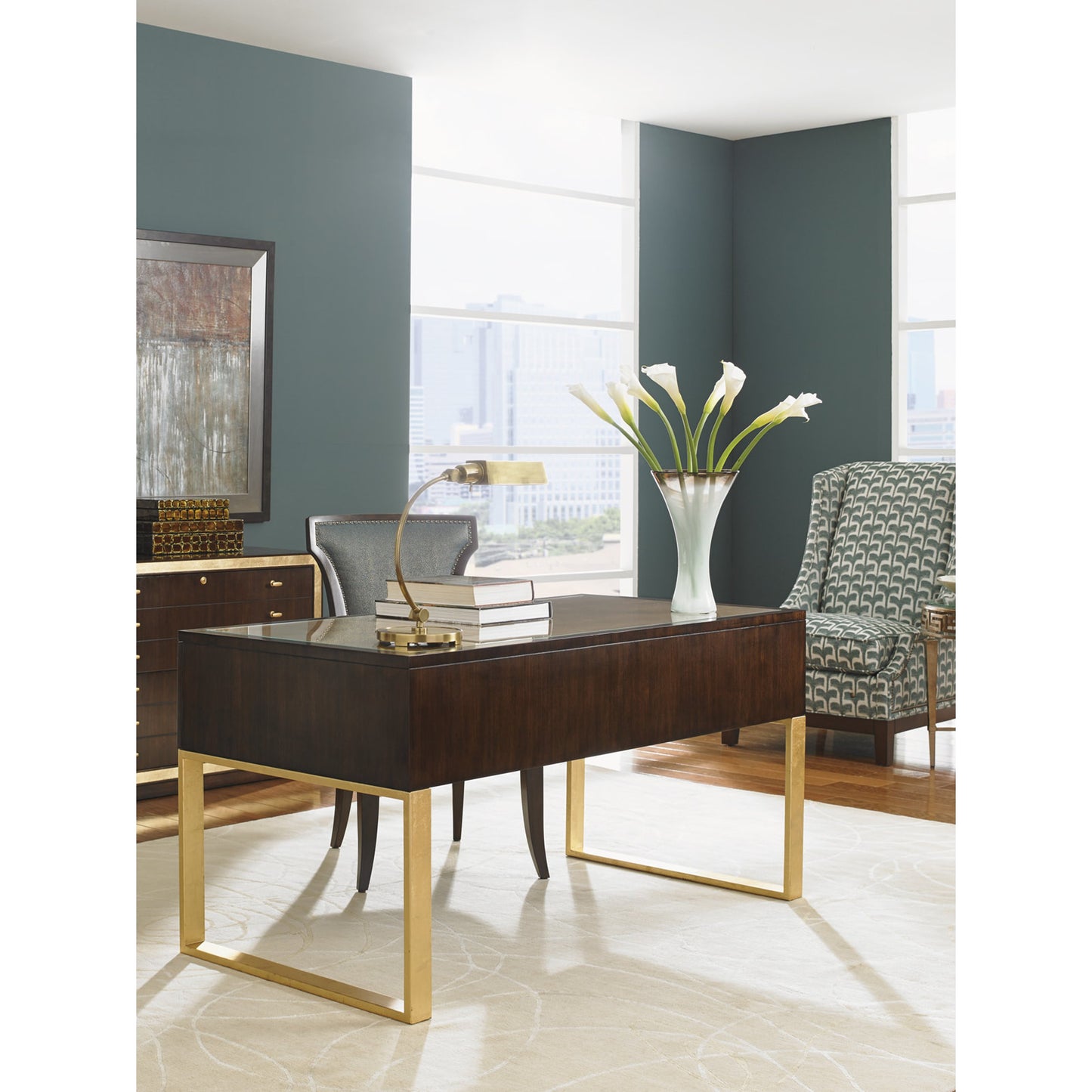 005 SR-835867 | Lifestyle | Melrose Writing Desk by Sligh in gold leaf. Made from unique in a transitional style.