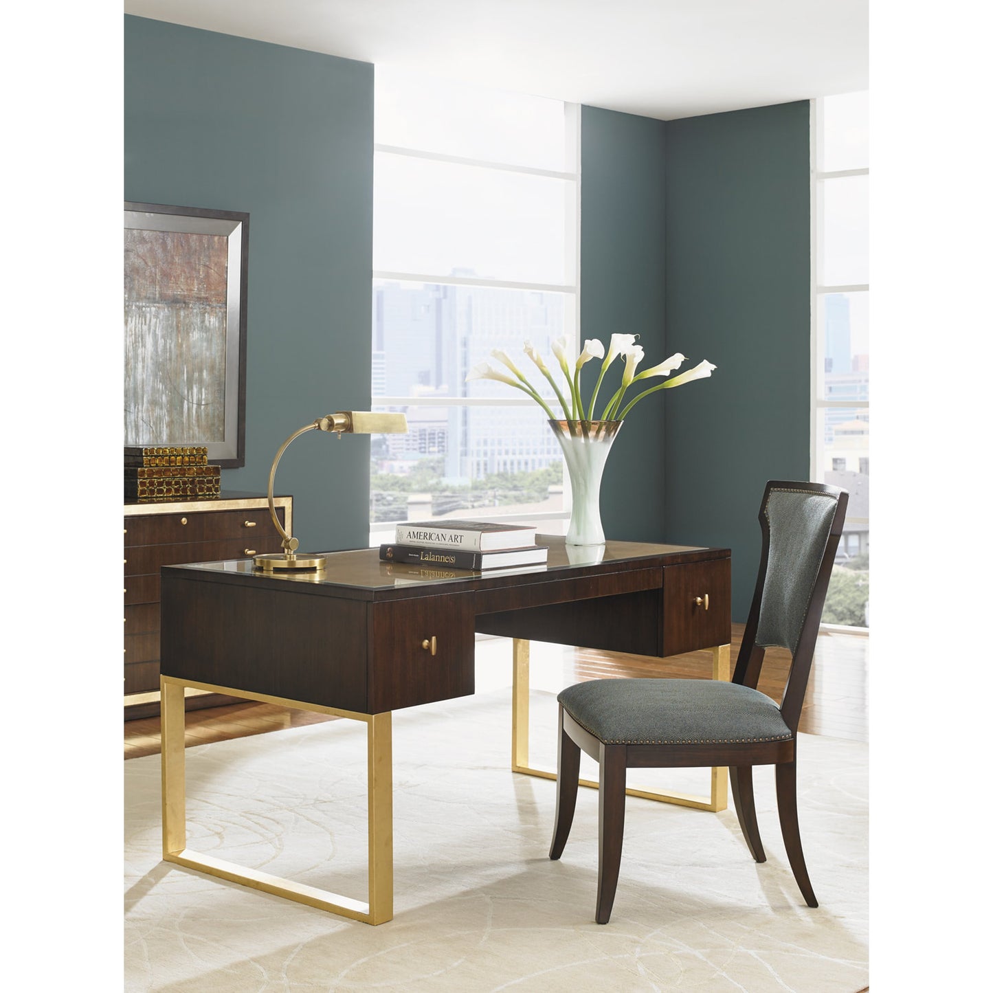 004 SR-835867 | Lifestyle | Melrose Writing Desk by Sligh in gold leaf. Made from unique in a transitional style.