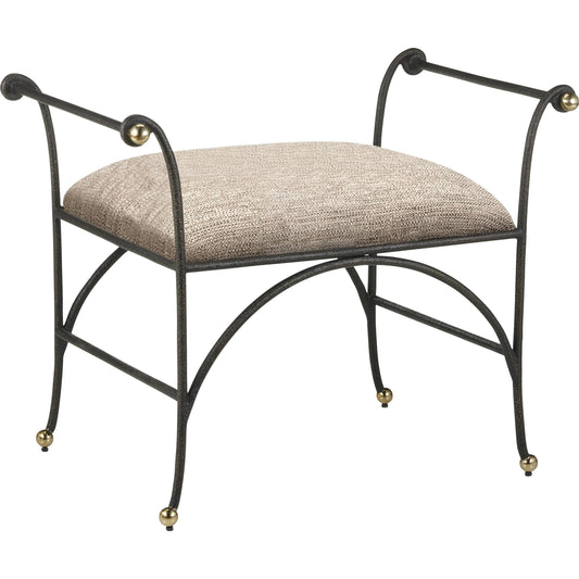 Mabel Ottoman by Currey and Company in antique black, polished brass. Made from steel, stainless steel in a transitional style.