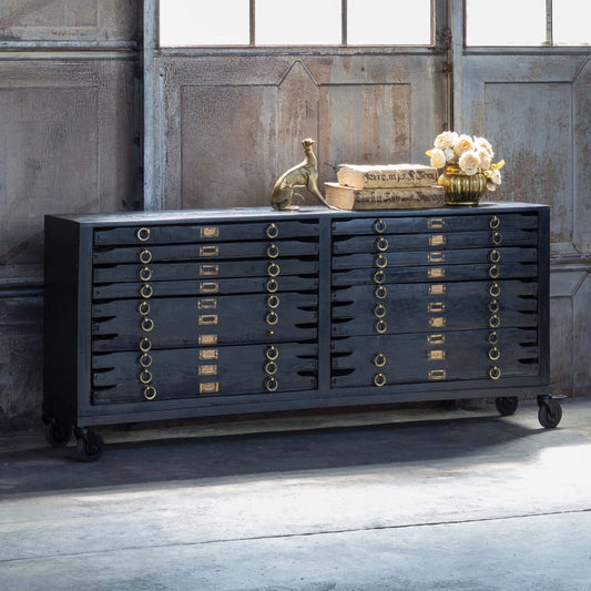 Printmakers Console 12 Drawers by Regina Andrew in ebony and vintage black. Made from mango wood in a eclectic & global style.