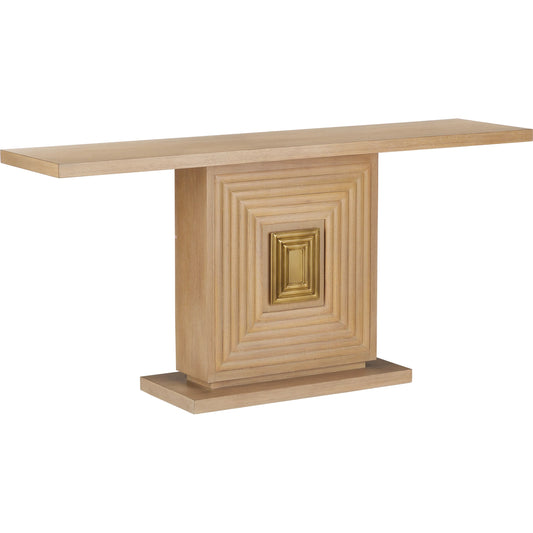 Morombe Console Table by Currey and Company in washed oak. Made from red oak, white oak veneer, brass in a transitional style.