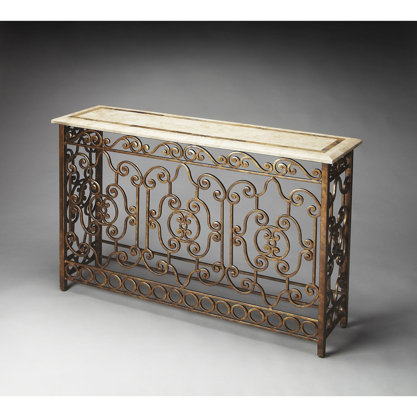 002 O-BUTLER-3108025 | Additional Silo | Contessa Iron & Fossil Stone Console Table by Butler Specialty Company in multi-color and metalworks. Made from wrought iron, plywood, white fossil stone, snakeskin stone in a modern style.