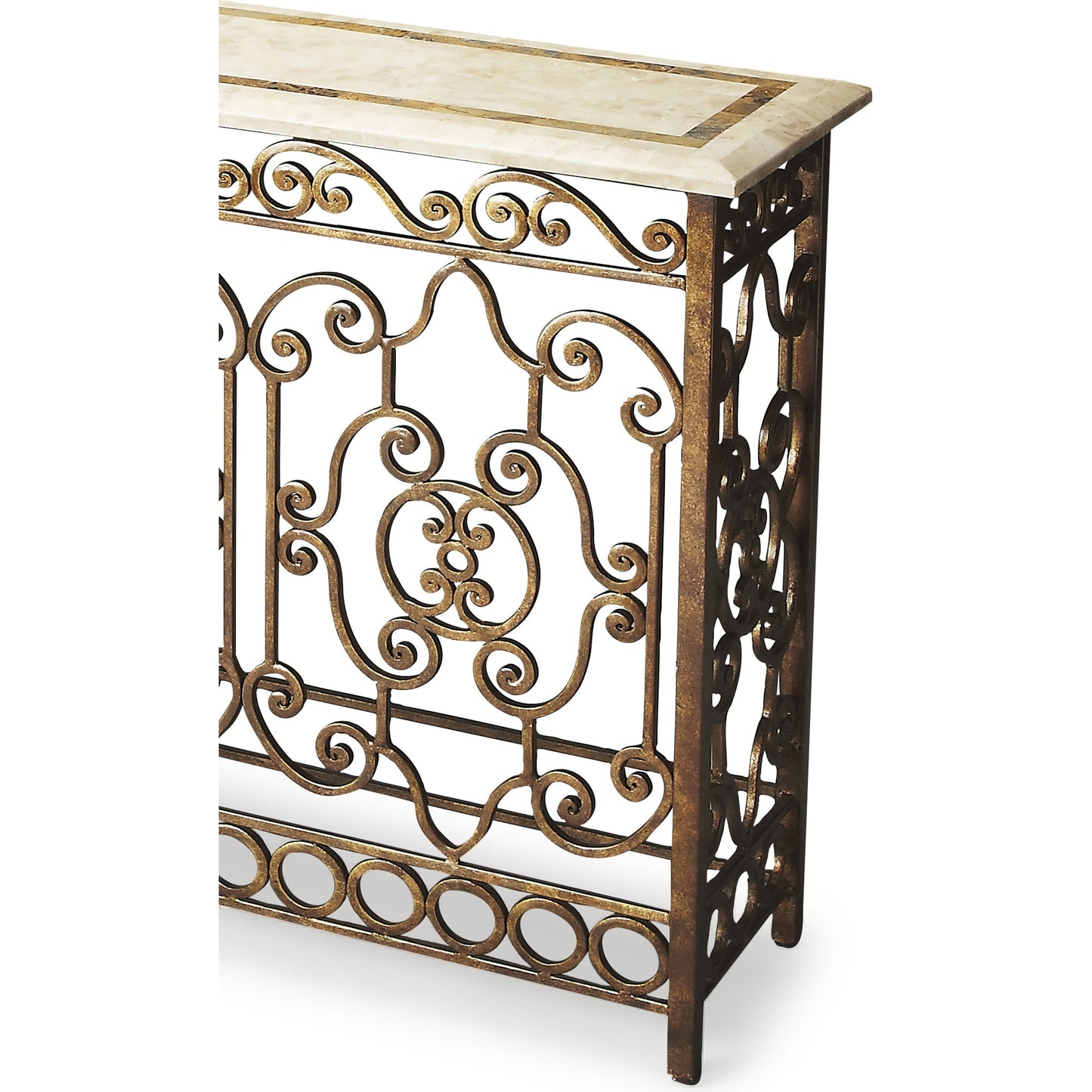 003 O-BUTLER-3108025 | Additional Silo | Contessa Iron & Fossil Stone Console Table by Butler Specialty Company in multi-color and metalworks. Made from wrought iron, plywood, white fossil stone, snakeskin stone in a modern style.