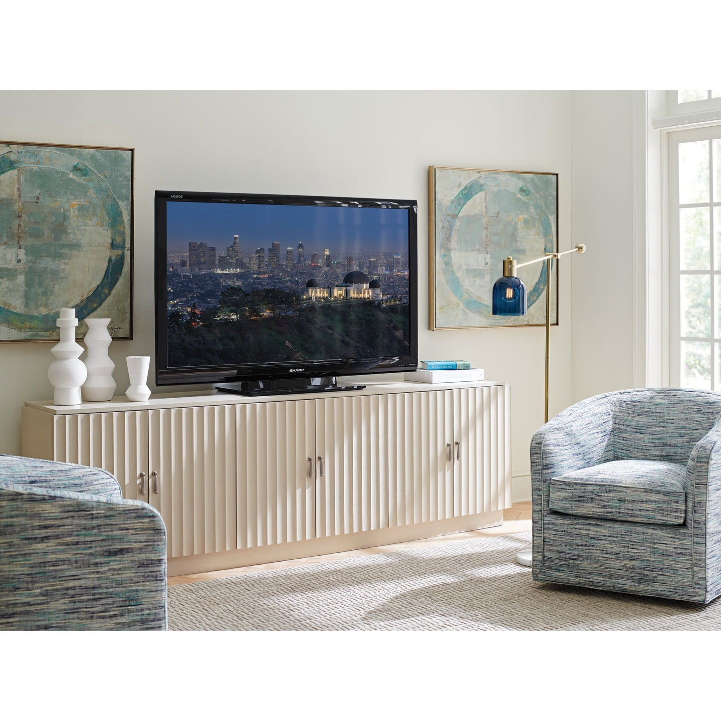 006 SI-1770842 | Lifestyle | San Marcos Media Console by Sligh in linen white. Made from unique in a transitional style.