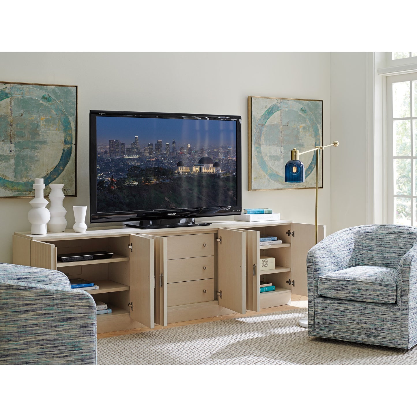 007 SI-1770842 | Lifestyle | San Marcos Media Console by Sligh in linen white. Made from unique in a transitional style.