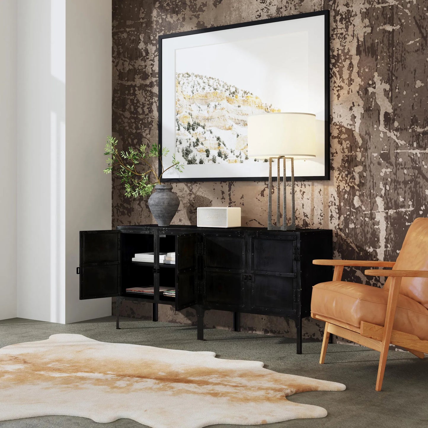 012 O-BUTLER-3164025 | Lifestyle | Owen Industrial Chic Console Cabinet by Butler Specialty Company in black and metalworks. Made from iron in a modern style.