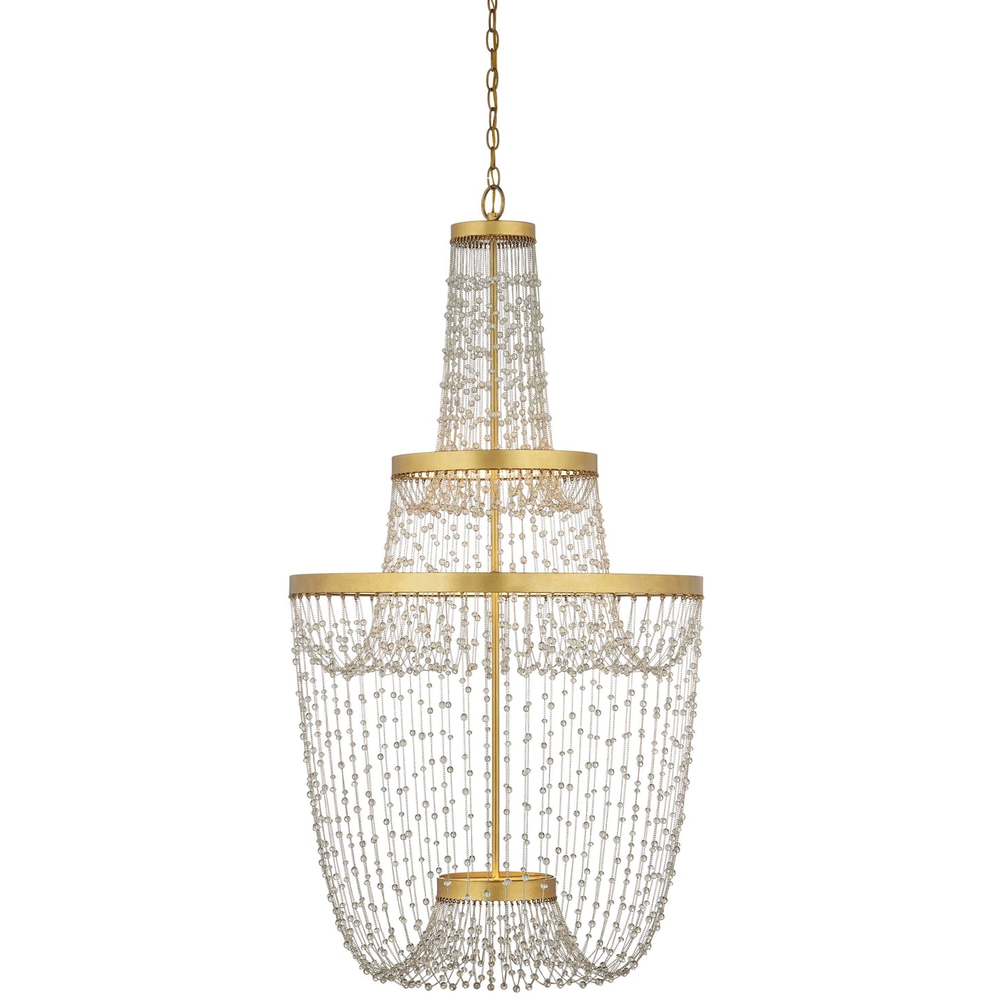 001 SI-2257409 | Primary Silo | Mademoiselle Chandelier by Currey and Company in contemporary gold leaf, contemporary gold, clear. Made from glass beads, wrought iron in a unique style.