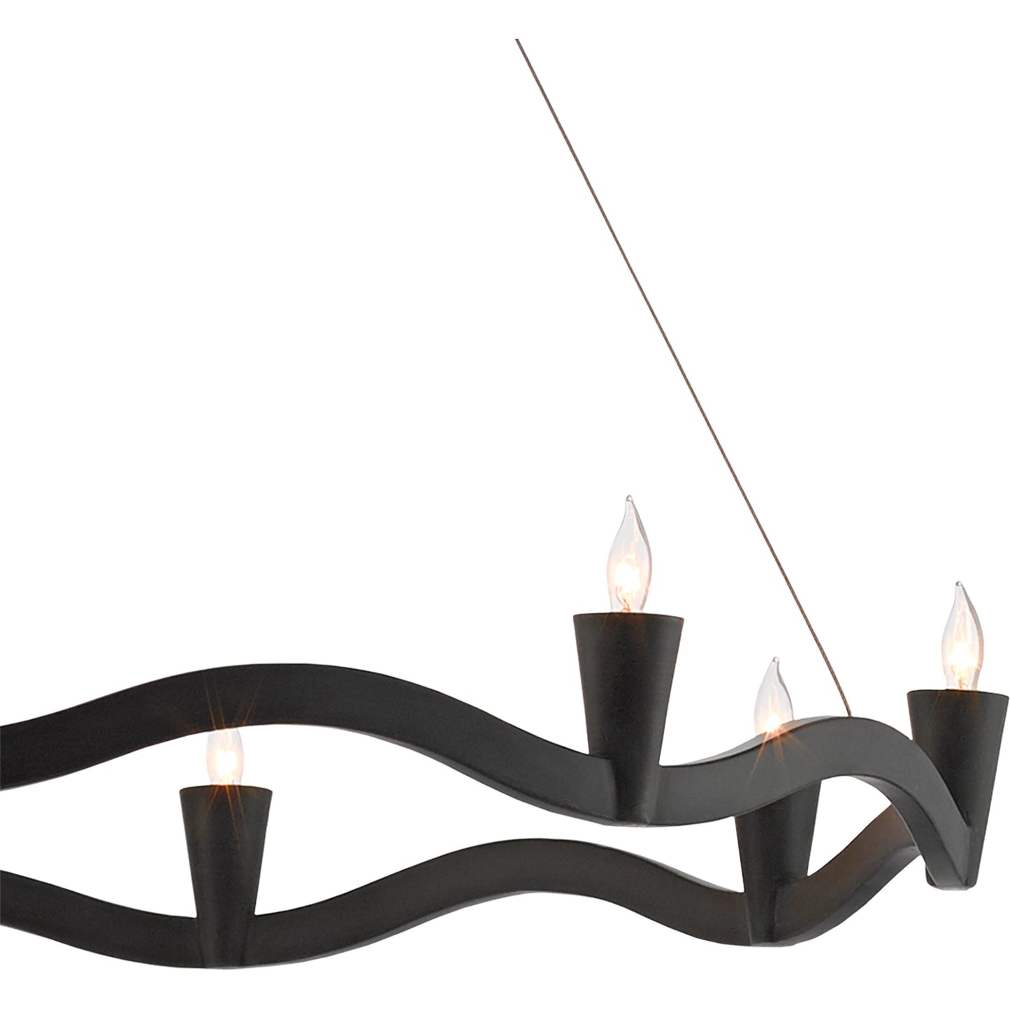 003 SR-381290 | Closeup | Serpentina Chandelier by Currey and Company in antique black. Made from wrought iron, air craft cable in a modern style.