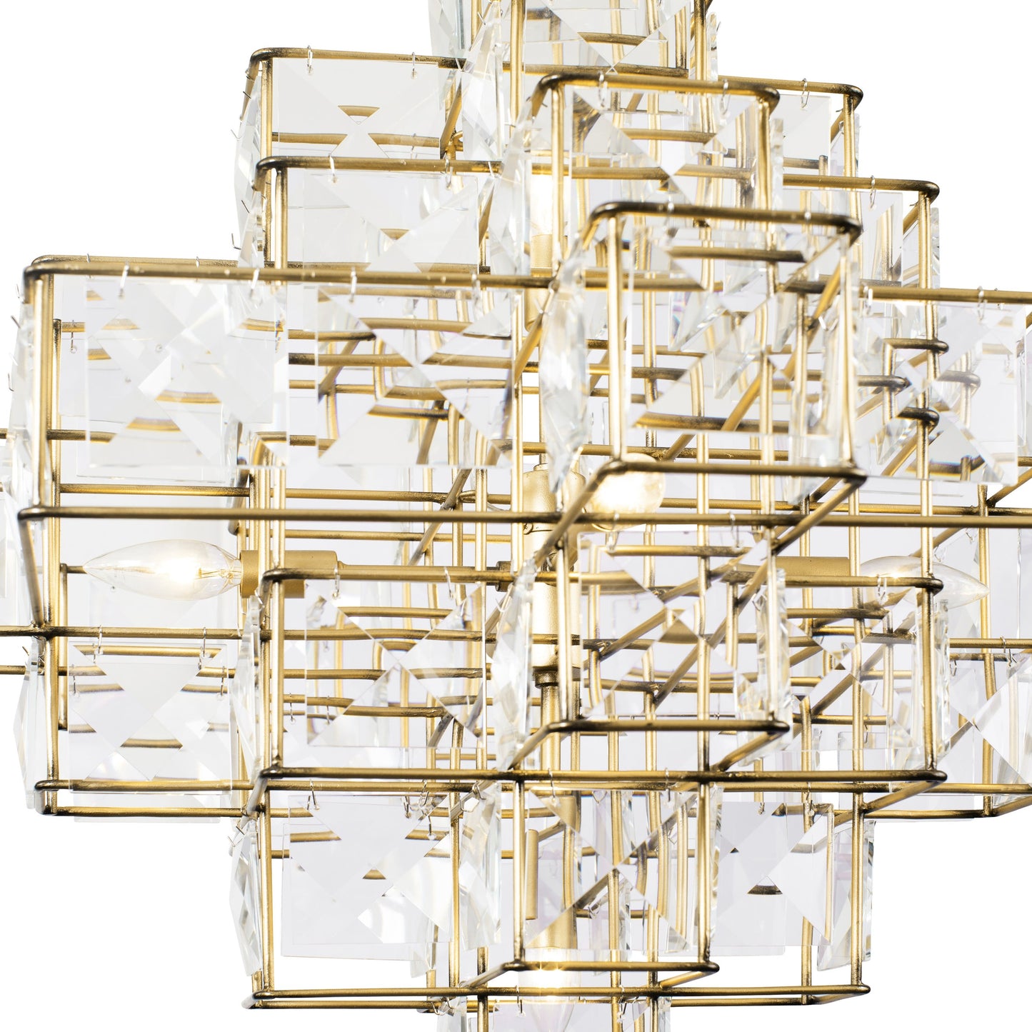 009 SR-817665 | Closeup | Cubic Chandelier by Varaluz in calypso gold. Made from calypso gold, faceted crystal panels in a transitional style.