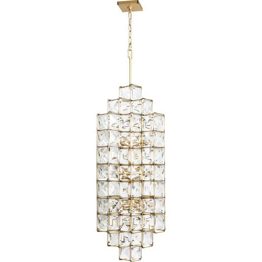 Cubic Foyer by Varaluz in calypso gold. Made from calypso gold, faceted crystal panels in a transitional style.