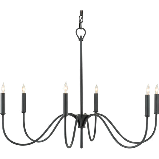 Tirrell Chandelier by Currey and Company in antique black. Made from wrought iron in a modern style.