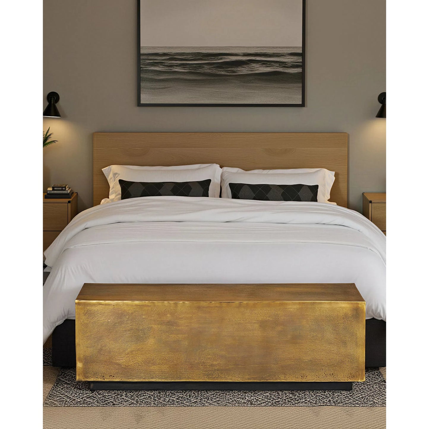 005 SI-2133966 | Lifestyle | Jahnu Bench by Currey and Company in antique brass. Made from cast aluminum in a modern style.