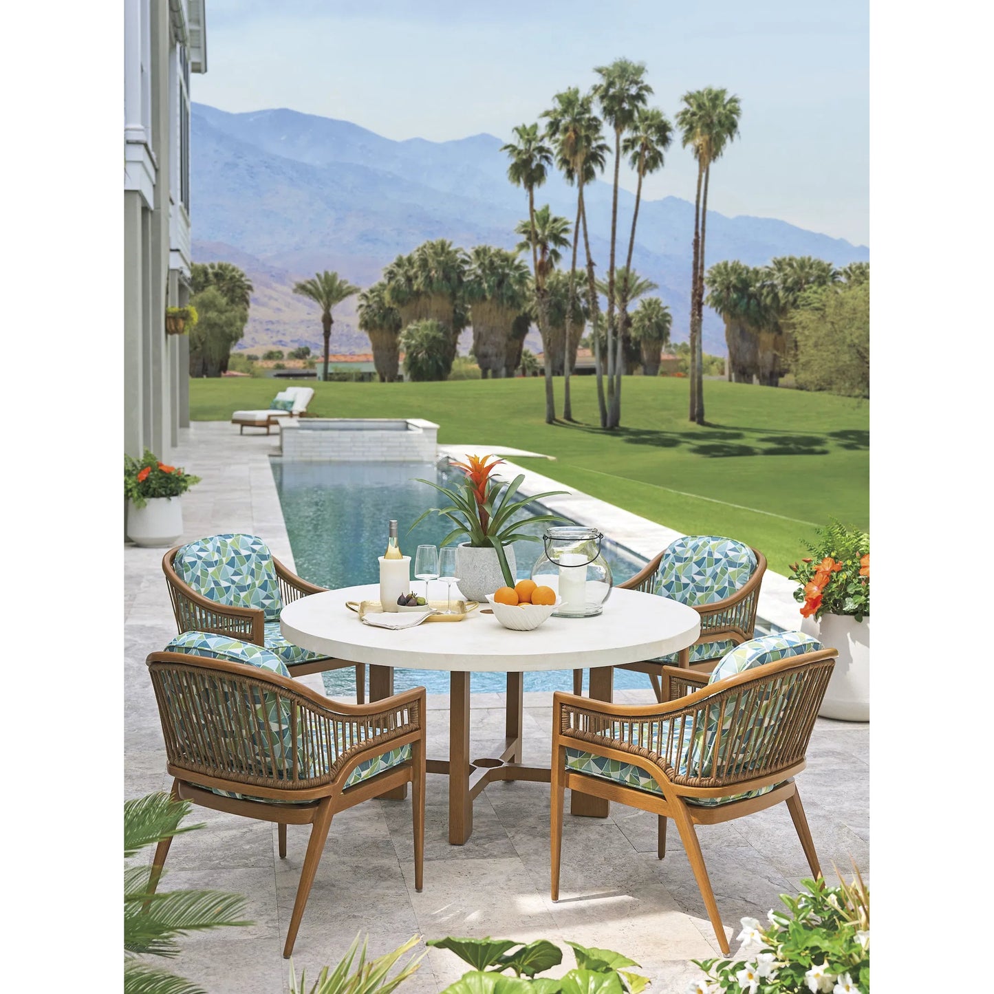 004 SI-2371225 | Lifestyle | Palm Desert Geometric Poolside Arm Dining Chair by Tommy Bahama Outdoor in 3350 dark brown. Made from unique in a unique style.