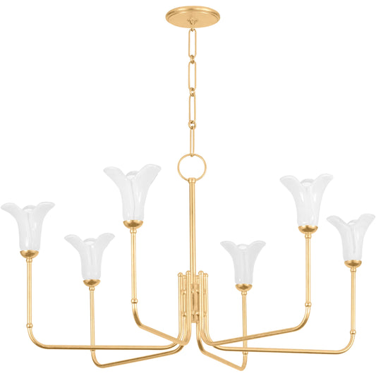 Montclair 6-Light Chandelier by Hudson Valley in vintage gold leaf. Made from iron in a modern style.