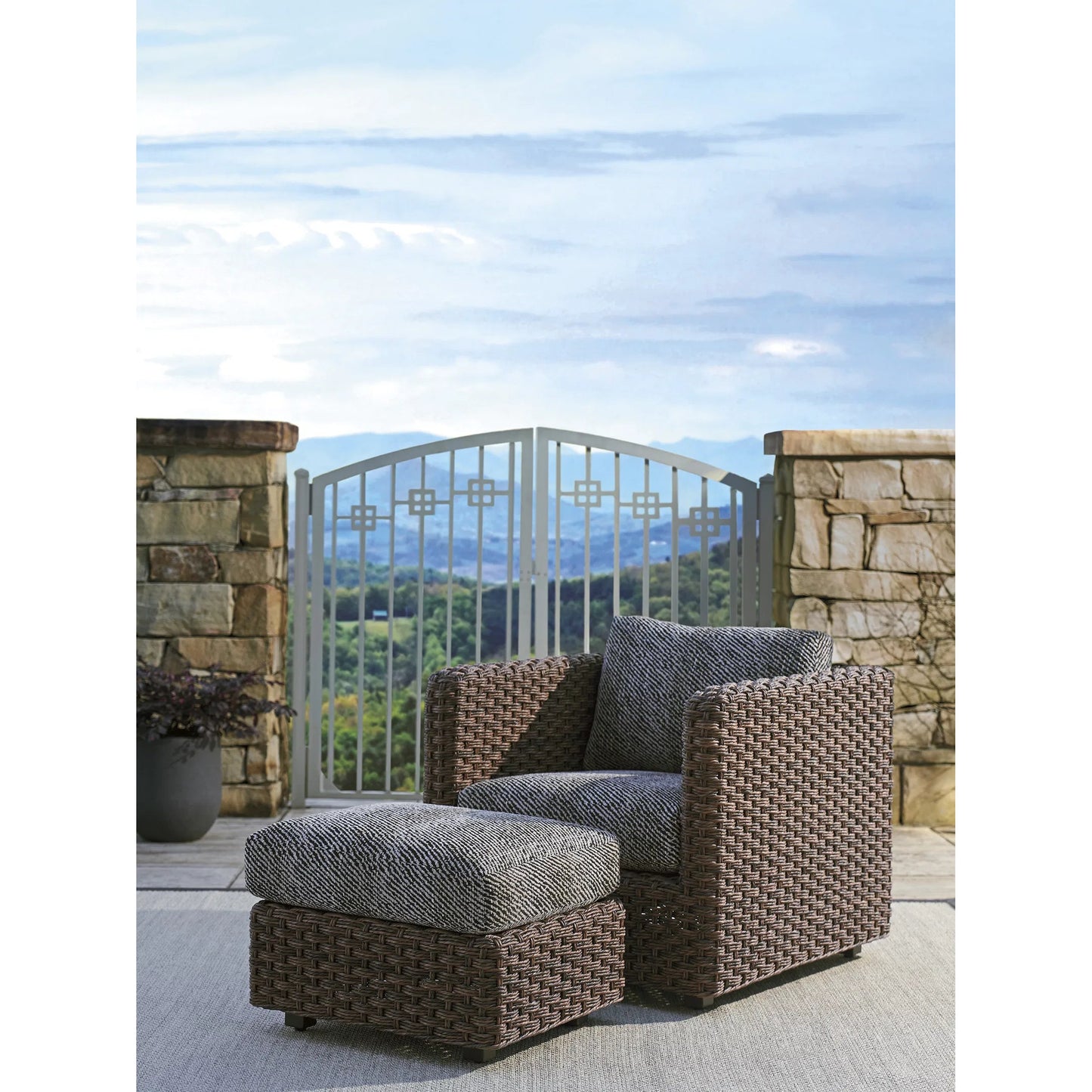 002 SI-2242598 | Lifestyle | Kilimanjaro Ottoman by Tommy Bahama Outdoor in tobacco. Made from unique in a rustic style.