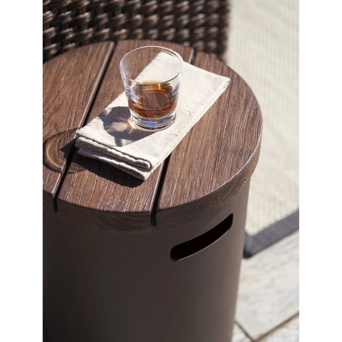005 SI-2242614 | Closeup | Kilimanjaro Outdoor Round End Table in Teak by Tommy Bahama Outdoor in espresso. Made from unique in a unique style.