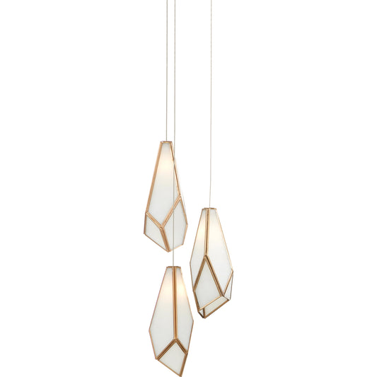 Glace 3-LIGHT Multi-Drop Pendant by Currey and Company in white, antique brass, silver. Made from glass, iron in a modern style.