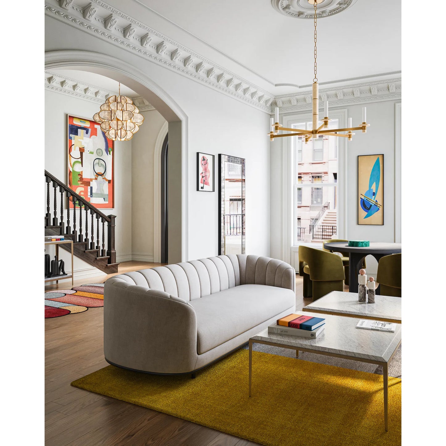 007 SI-2387118 | Lifestyle | Oblique Marble Cocktail Table by Currey and Company in natural, antique brass. Made from white lilac marble, iron, engineered wood in a modern style.