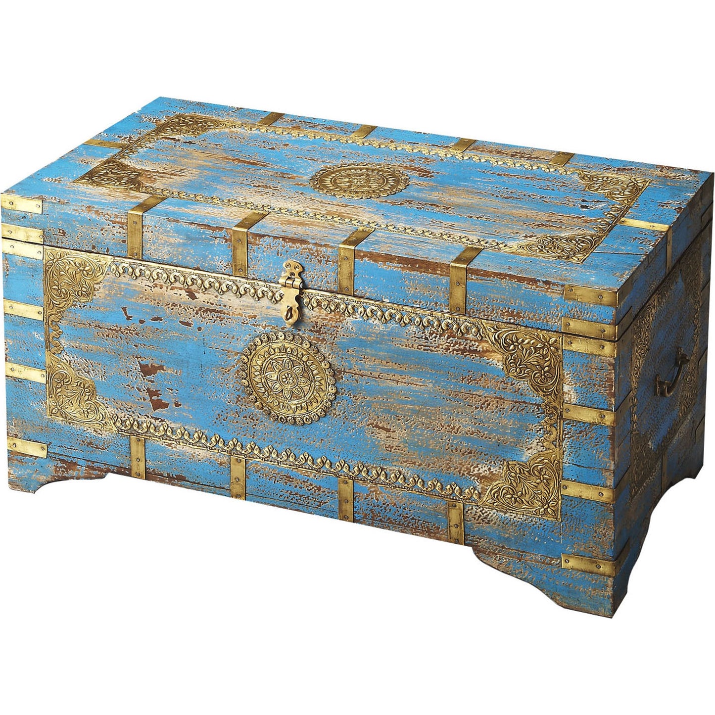 001 O-BUTLER-3387290 | Additional Silo | Neela Painted Brass Inlay Storage Trunk by Butler Specialty Company in blue and artifacts. Made from mango wood in a modern style.