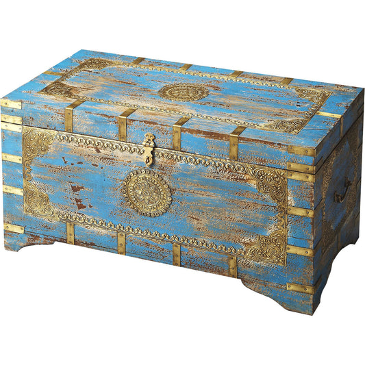 Neela Painted Brass Inlay Storage Trunk by Butler Specialty Company in blue and artifacts. Made from mango wood in a modern style.