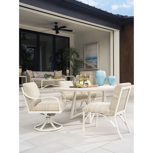 Sand Dune Arm Dining Chair by Tommy Bahama Outdoor in tan and white. Made from all-weather wicker. aluminum in a unique style.