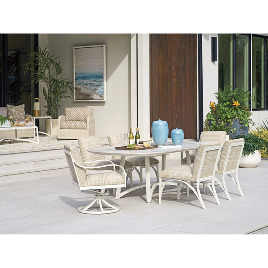 Sand Dune Side Dining Chair by Tommy Bahama Outdoor in tan and white. Made from all-weather wicker. aluminum in a unique style.