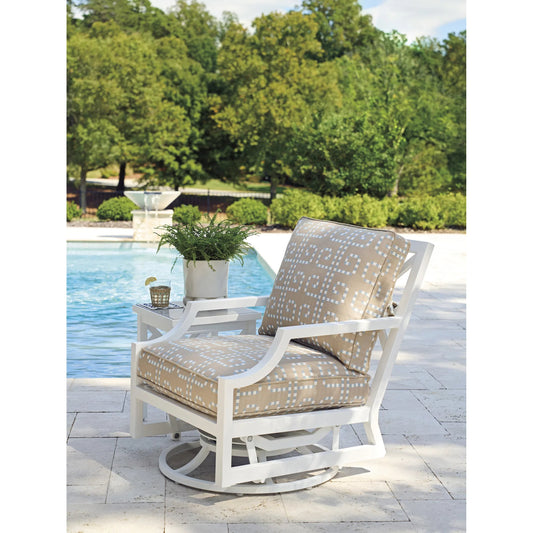 Island Classic Swivel Lounge Chair by Tommy Bahama Outdoor in beige, tan and white. Made from aluminum, fabric in a unique style.