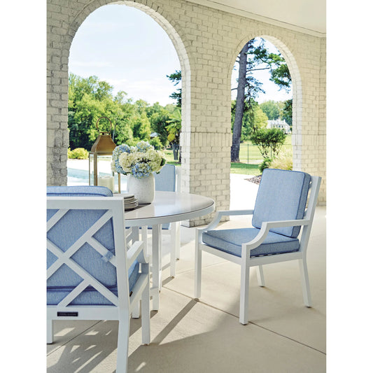 Island Classic Arm Chair by Tommy Bahama Outdoor in blue and white. Made from aluminum, fabric in a unique style.