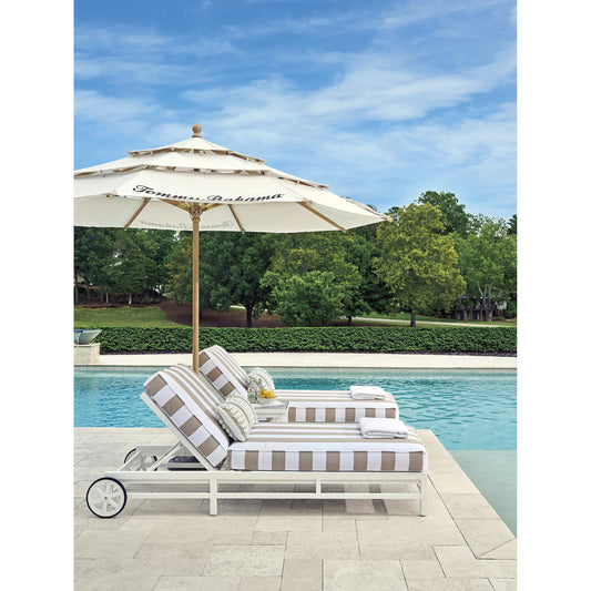 Island Classic Chaise by Tommy Bahama Outdoor in beige, tan and white. Made from aluminum, fabric in a unique style.