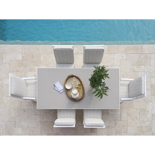 Island Classic Rectangular Dining Table by Tommy Bahama Outdoor in white. Made from quartz, aluminum, fabric in a unique style.