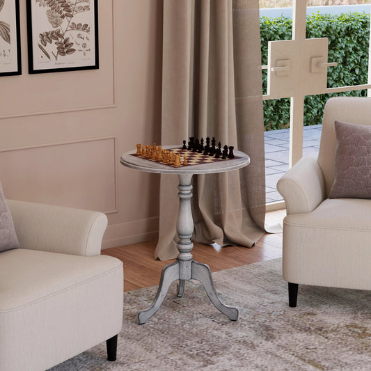 Colbert Pedestal Game Table by Butler Specialty Company in gray and powder gray. Made from rubberwood, cherry maple walnut veneer in a cottage & farmhouse style.