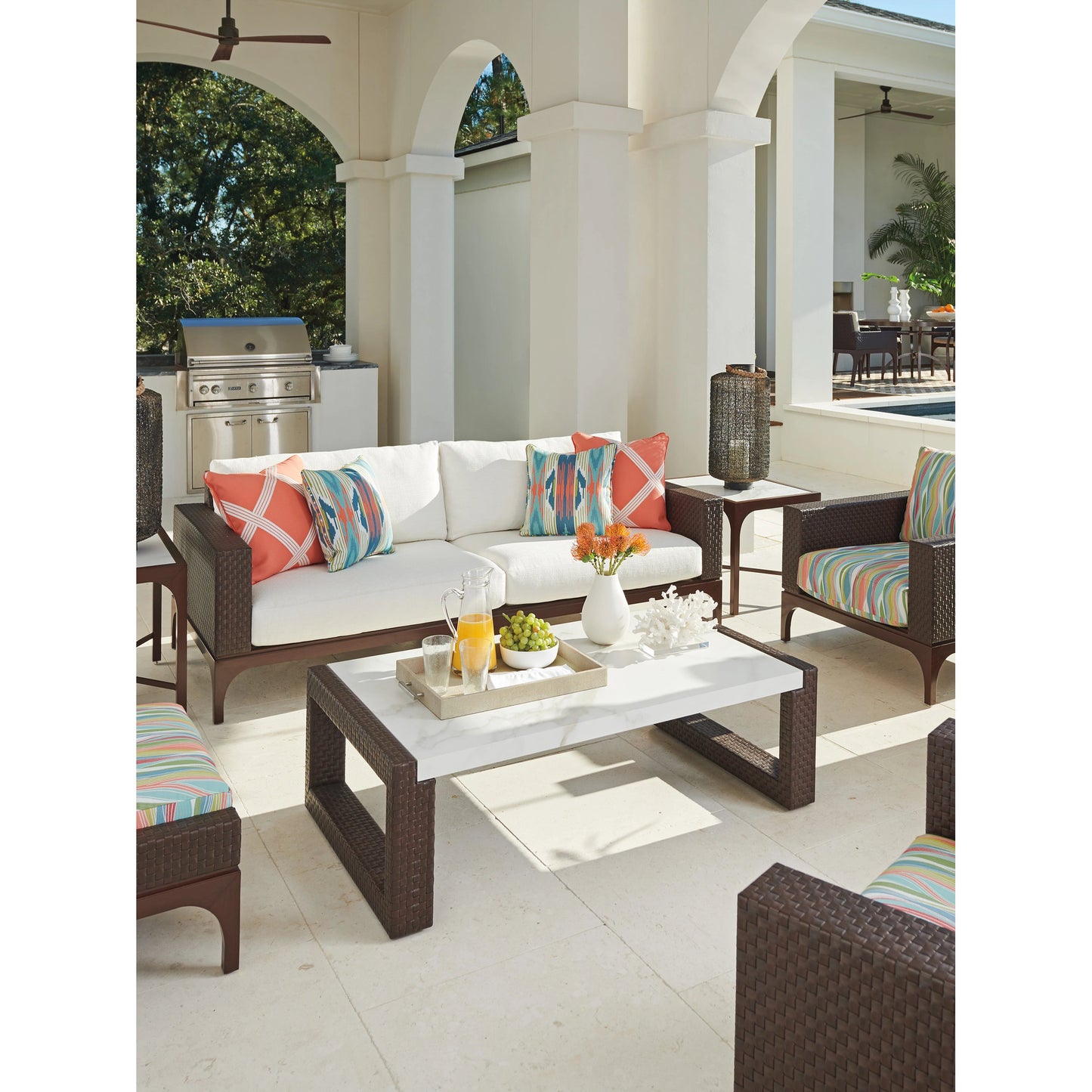 005 SI-1962930 | Lifestyle | Abaco Rectangular Cocktail Table by Tommy Bahama Outdoor in brown, white, gray and english walnut. Made from unique in a modern style.