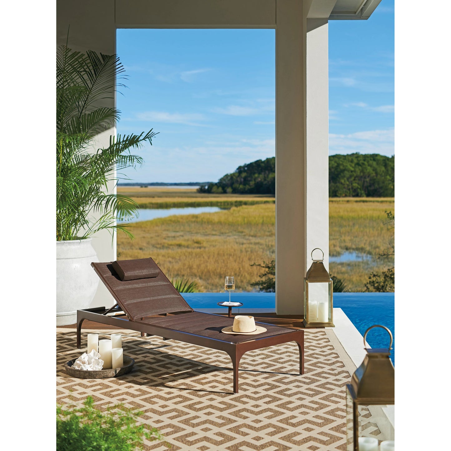 002 SI-1962925 | Lifestyle | Abaco Chaise Lounge by Tommy Bahama Outdoor in dark mocha and english walnut. Made from unique in a transitional style.