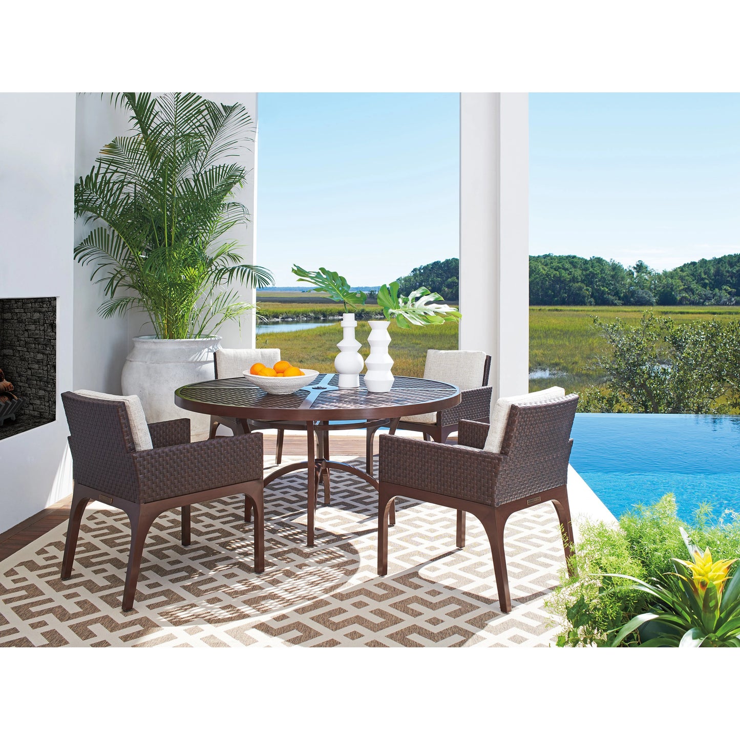 004 SI-1962926 | Lifestyle | Abaco Round Dining Table by Tommy Bahama Outdoor in english walnut. Made from unique in a transitional style.