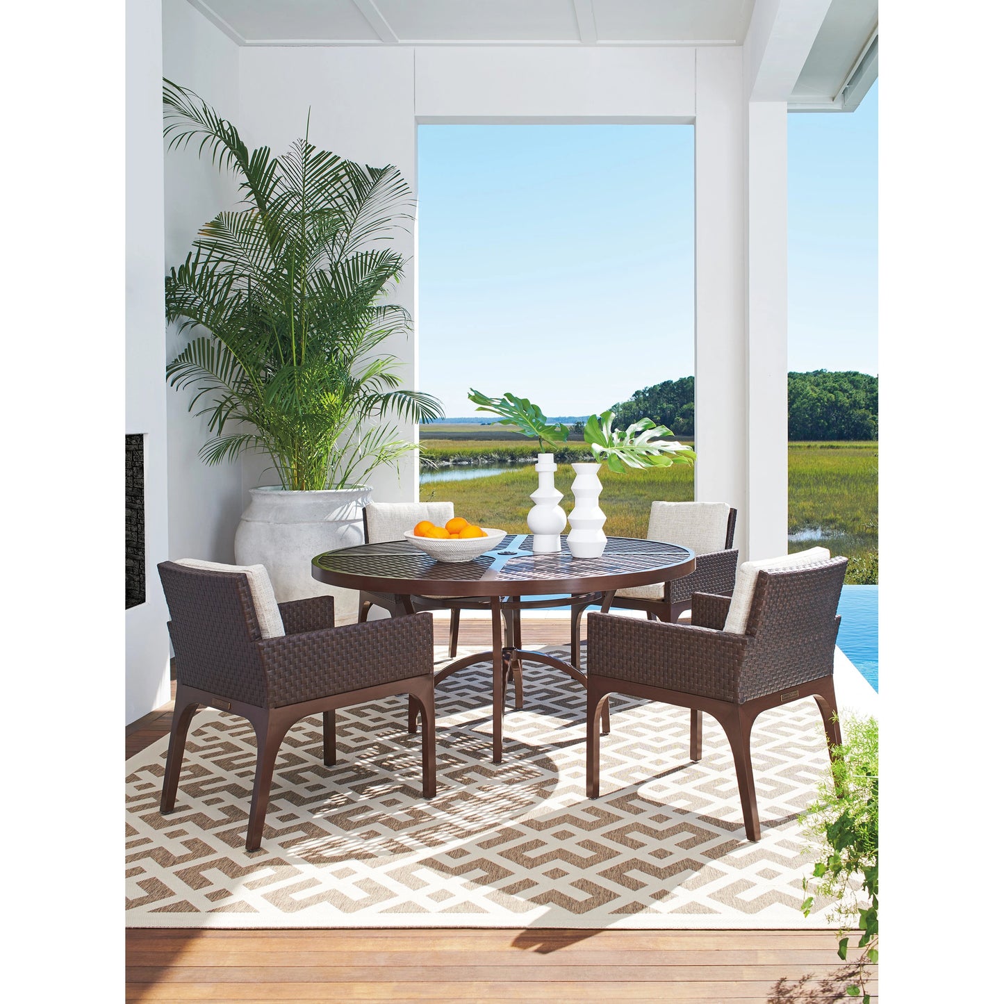 006 SI-1962926 | Lifestyle | Abaco Round Dining Table by Tommy Bahama Outdoor in english walnut. Made from unique in a transitional style.