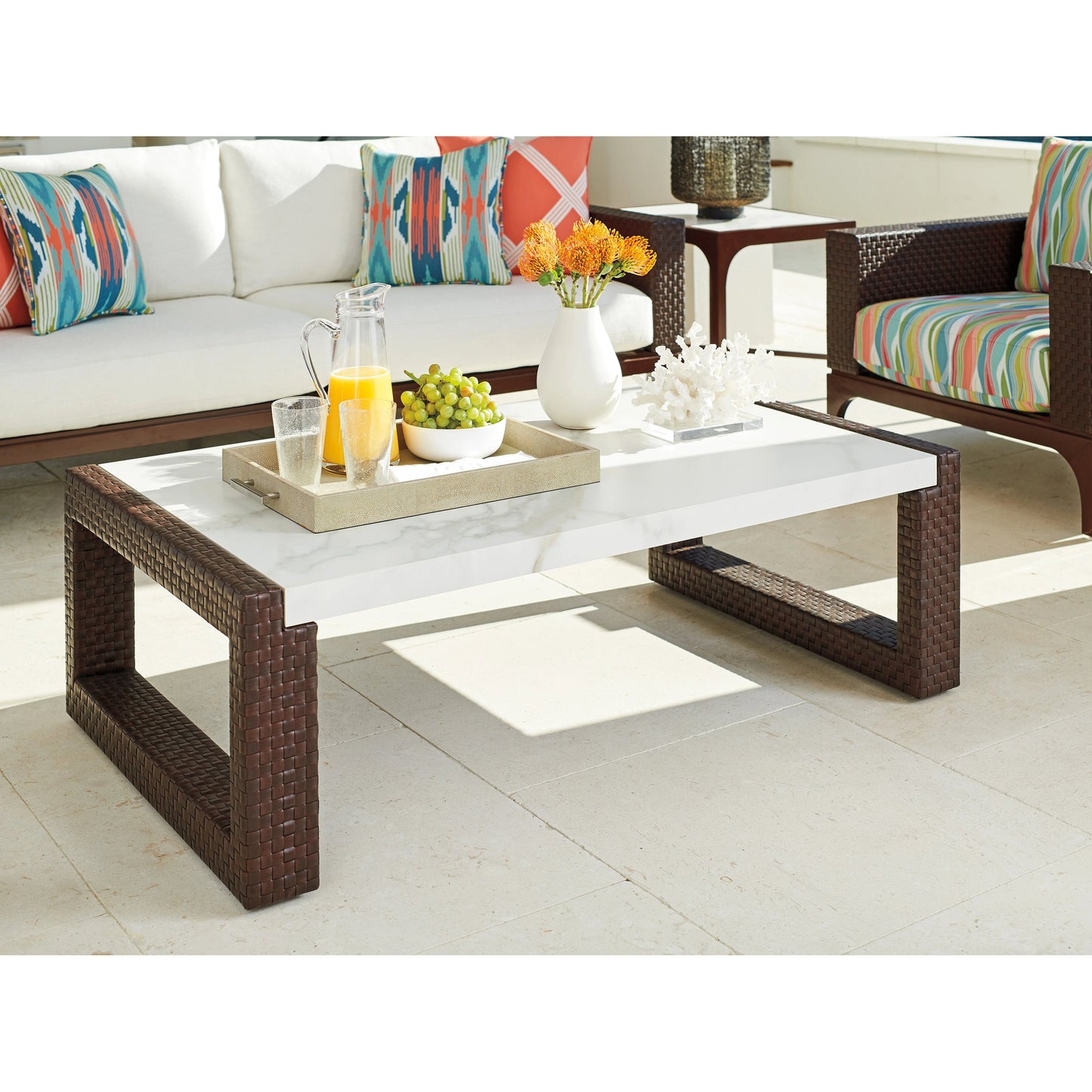 004 SI-1962930 | Lifestyle | Abaco Rectangular Cocktail Table by Tommy Bahama Outdoor in brown, white, gray and english walnut. Made from unique in a modern style.