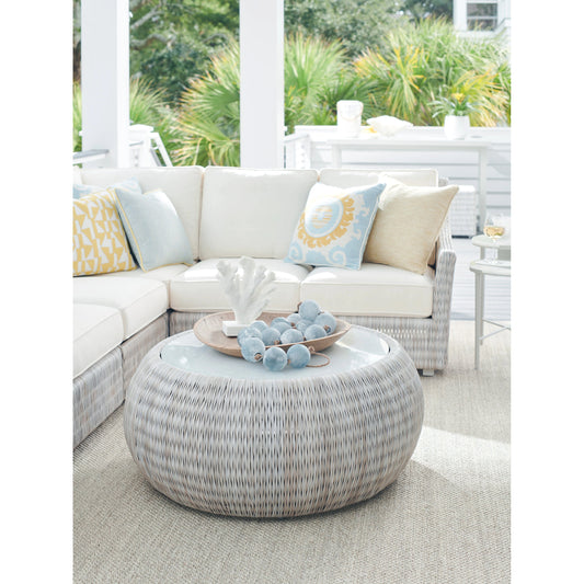 Seabrook Round Cocktail Table by Tommy Bahama Outdoor in oyster white. Made from unique in a coastal style.