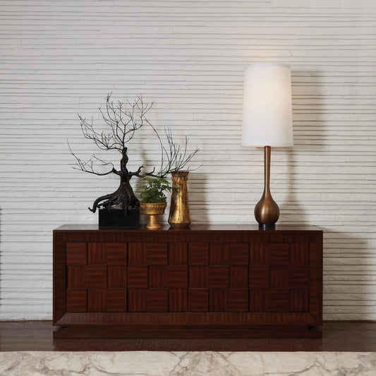 Quad Block Chest by Global Views in walnut stain, satin lacquer, zebra. Made from birch, mdf in a modern style.