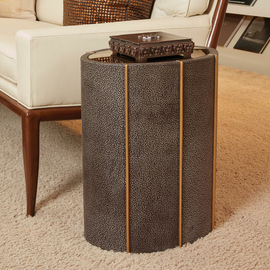 Churchill Oval Drum Table by Global Views. Made from faux shagreen embossed leather, antique tempered glass in a transitional style.