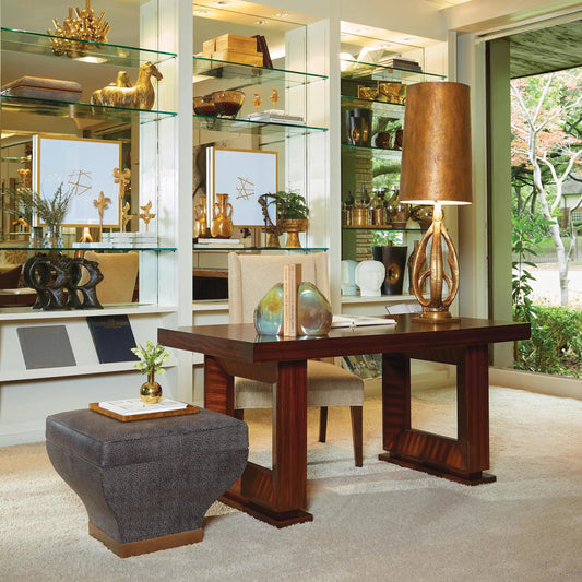 Open Block Writing Desk by Global Views in dark walnut, satin lacquer, zebra. Made from mdf, solid birch in a modern style.