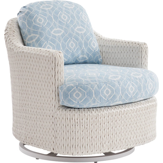 001 SI-2540691 | Primary Silo | Promenade Occasional Swivel Chair by Tommy Bahama Outdoor in blue, aqua and white. Made from all-weather wicker, fabric in a unique style.