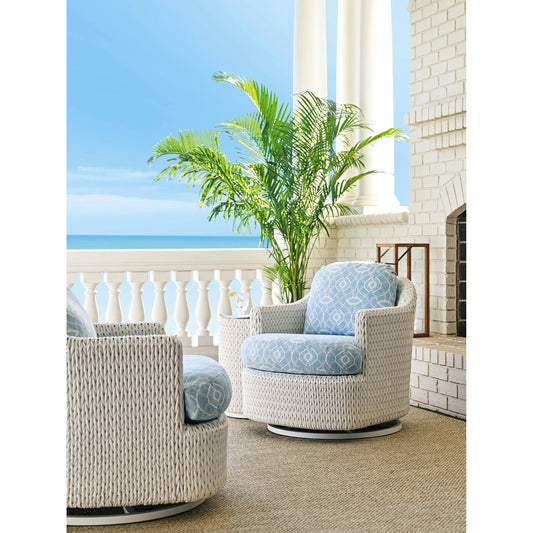 Promenade Occasional Swivel Chair by Tommy Bahama Outdoor in blue, aqua and white. Made from all-weather wicker, fabric in a unique style.