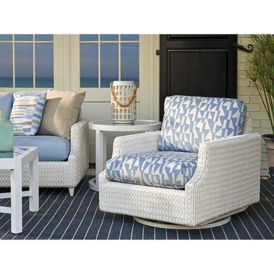 Ocean Breeze Promenade Swivel Glider Lounge Chair by Tommy Bahama Outdoor in pearl white. Made from unique in a coastal style.