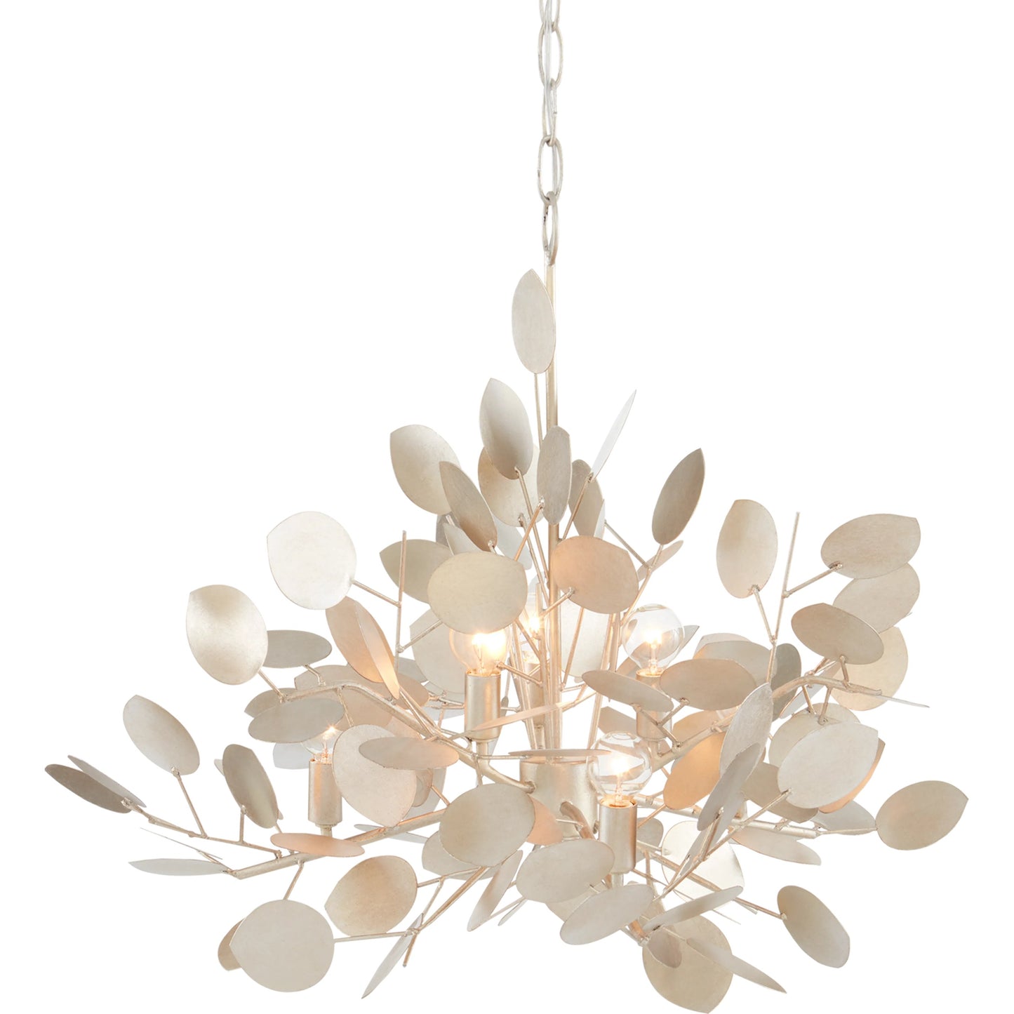 008 SI-1894402 | Additional Silo | Lunaria Chandelier by Currey and Company in contemporary silver leaf. Made from wrought iron in a transitional style.