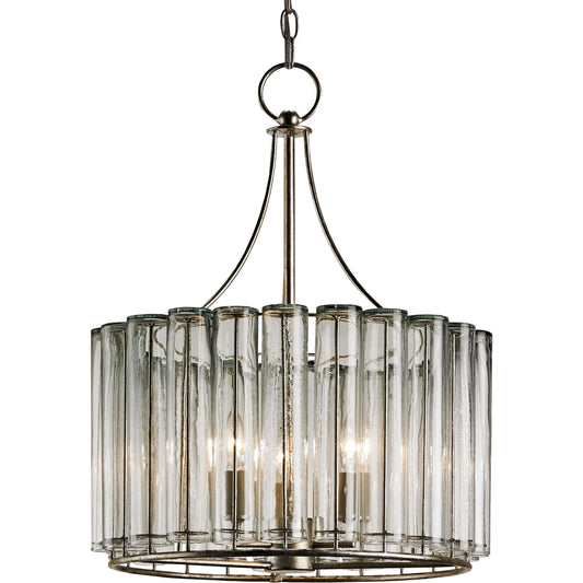 Bevilacqua Chandelier by Currey and Company in silver leaf. Made from wrought iron, glass in a traditional style.