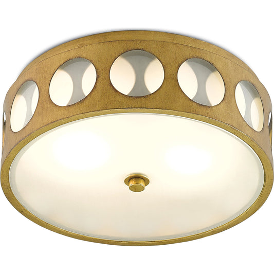 Go-Go Flush Mount by Currey and Company in brass, white opaque glass. Made from wrought iron, glass in a modern style.