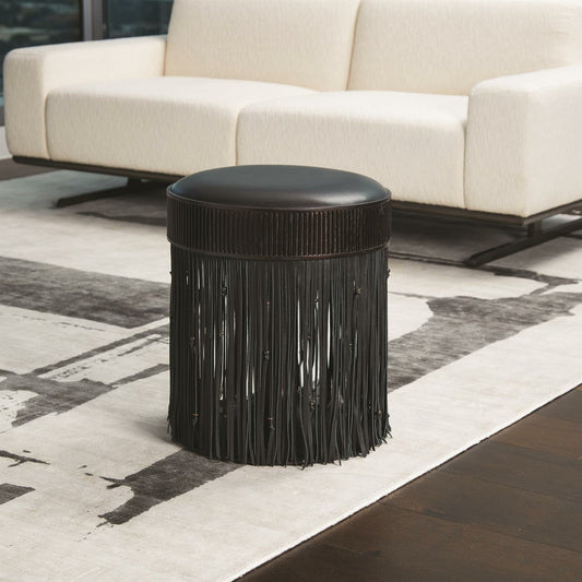 Grace Stool by Global Views in black. Made from brass, leather, mild steel in a eclectic & global style.