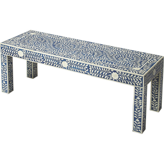 Blue Bone Inlay Bench by Butler Specialty Company in blue and blue bone inlay. Made from mango wood solids, mdf, resin, bone in a modern style.